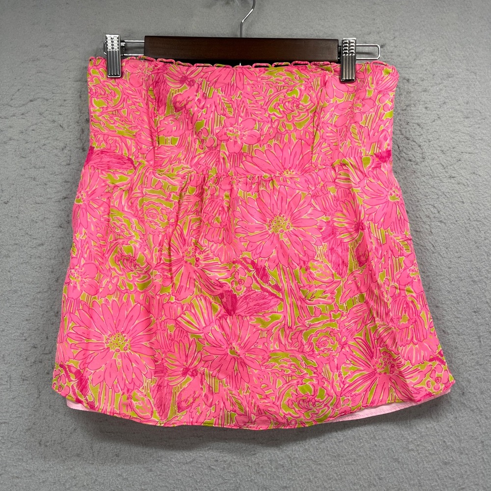 Lilly Pulitzer Strapless Silk Top Womens 4 Pink Floral Zinnia Babydoll Summer